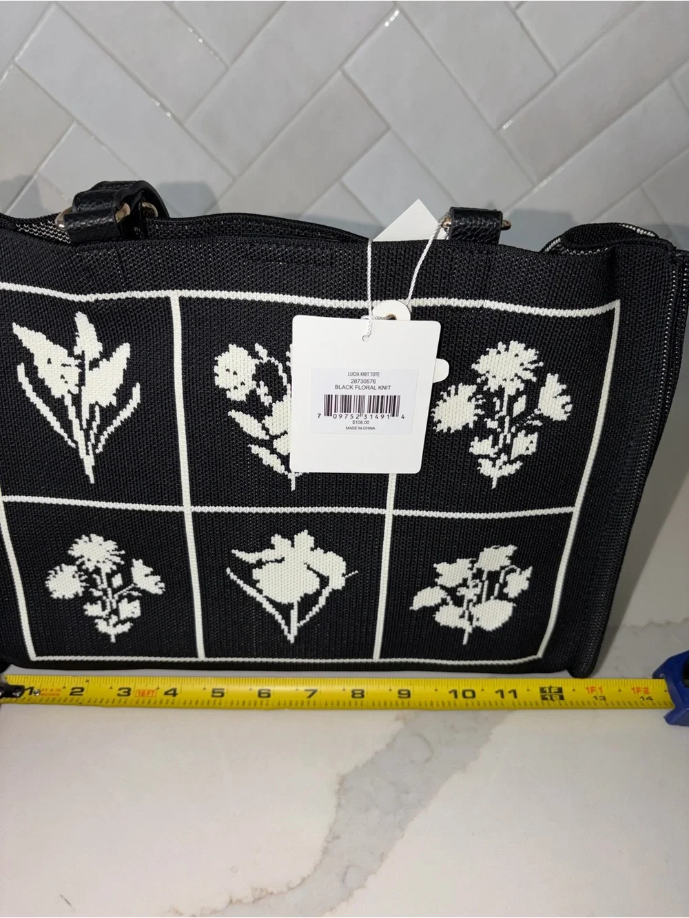Nanette Lepore Lucia Black botanical embroidery look Tote with Gold Accents NWT